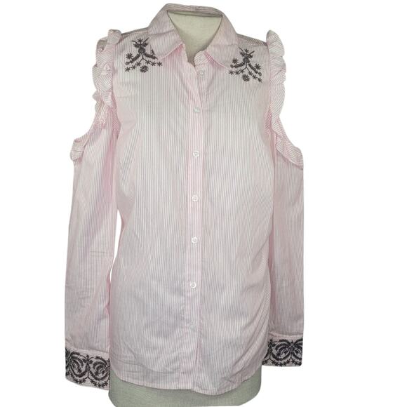 Nanette Lepore Pink Stripe Cold Shoulder Button Up Blouse Size Large - Picture 1 of 4